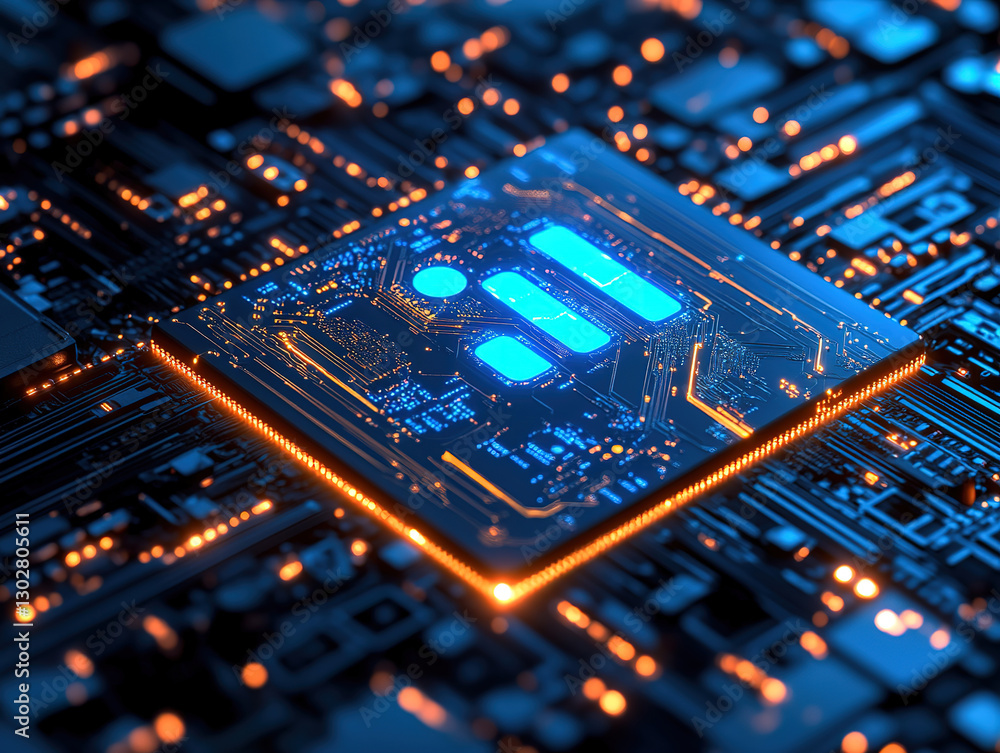 Obraz premium Illuminated Computer Chip on Circuit Board