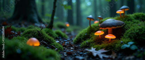 Desktop Wallpaper. Mystical Forest with Glowing Mushrooms and Moss