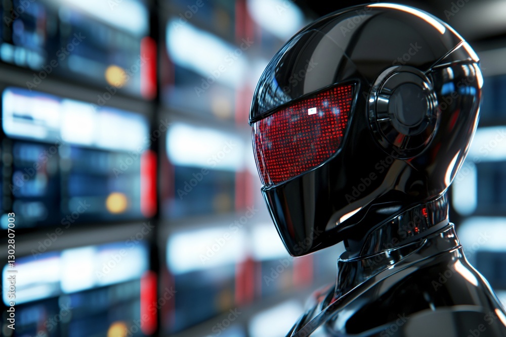 Futuristic robot monitoring data center Futuristic robot monitoring data center