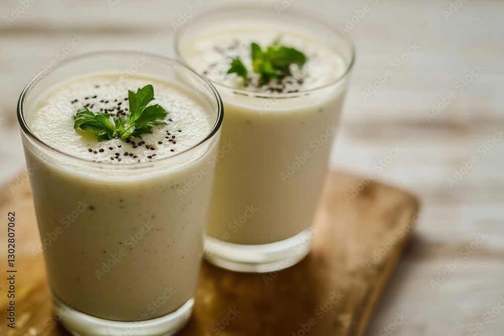 Delicious Coconut Smoothies: Creamy White Beverage in a Glass on Wooden Background Delicious Coconut Smoothies: Creamy White Beverage in a Glass on Wooden Background