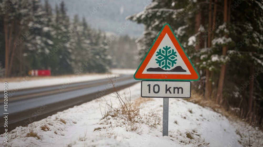 Warning sign on a snowy road indicating slippery conditions ahead for 10 km Warning sign on a snowy road indicating slippery conditions ahead for 10 km