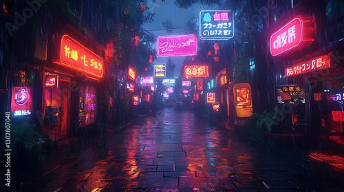 Rainy Night Neon Alleyway, Asian City, Cyberpunk Setting, Game Background