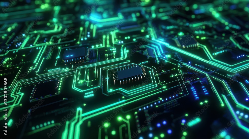 Fototapeta premium Close-up view of a vibrant circuit board with glowing components and intricate pathways
