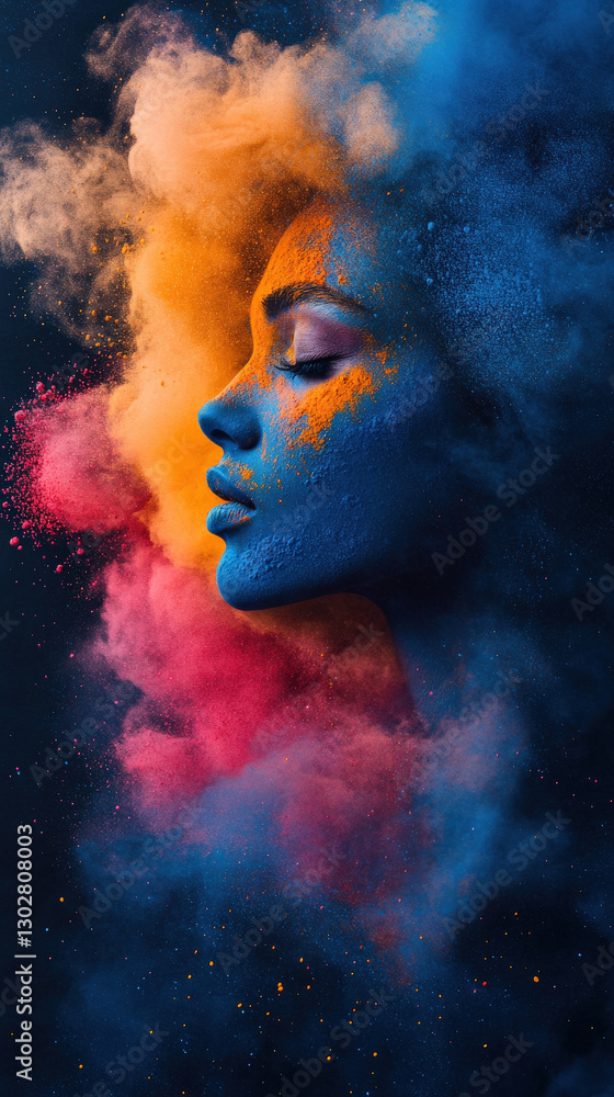 A minimalistic surreal illustration of a half-portrait dissolving into vibrant Holi powders, symbolizing release and celebration A minimalistic surreal illustration of a half-portrait dissolving into vibrant Holi powders, symbolizing release and celebration
