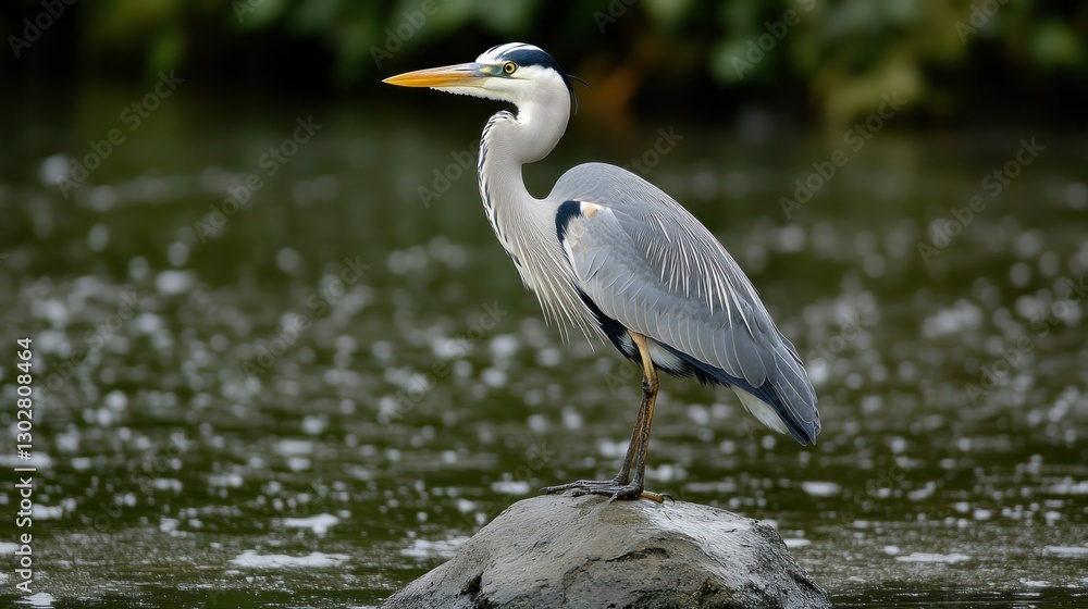 A heron standing majestically on a rock in a serene water body surrounded by lush greenery A heron standing majestically on a rock in a serene water body surrounded by lush greenery