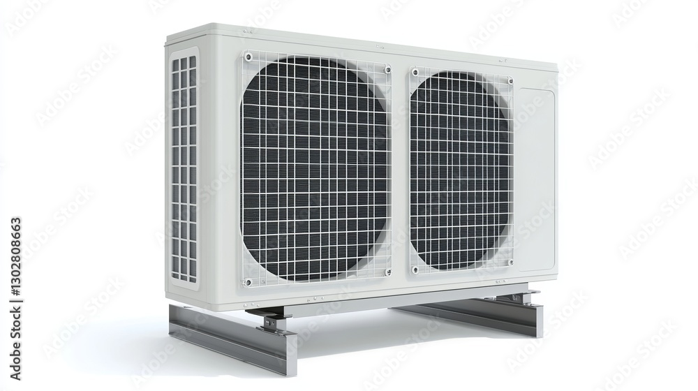A double outdoor air conditioning unit mounted on a metal stand, isolated on a white background, highlighting maintenance and repair aspects A double outdoor air conditioning unit mounted on a metal stand, isolated on a white background, highlighting maintenance and repair aspects