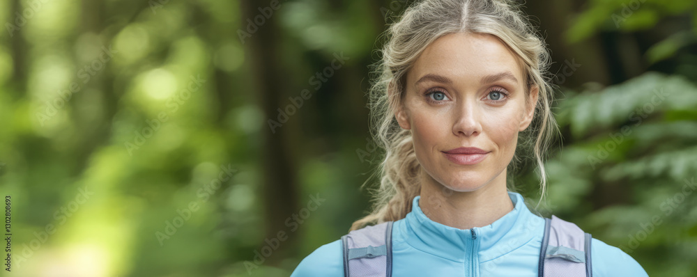 Naklejka premium Outdoor adventure in a lush green forest with a young woman ready for exploration