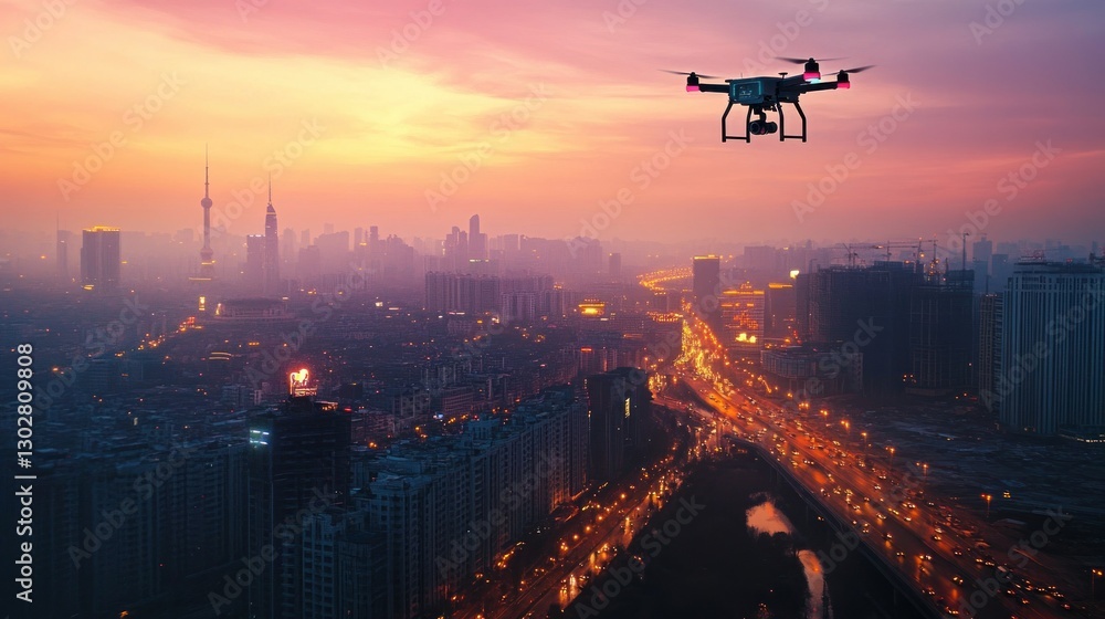 A drone flying over a city skyline at sunset, capturing urban landscapes and traffic below A drone flying over a city skyline at sunset, capturing urban landscapes and traffic below