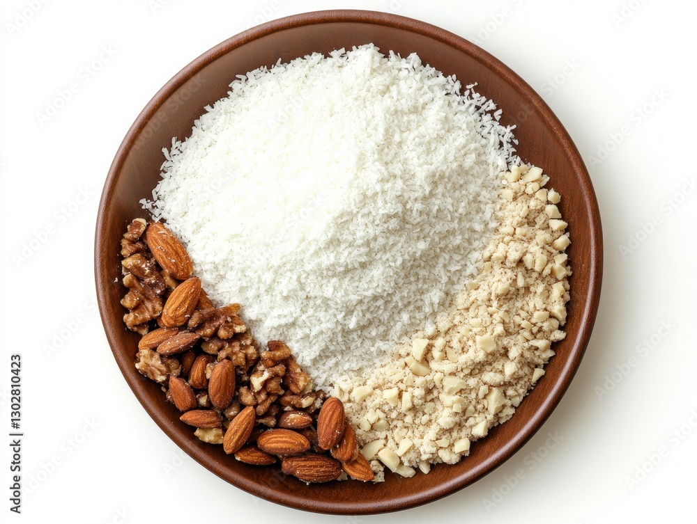 Delicious Closeup of Coconut Flour Piled with Cracked Nuts Against a White Background - A Cook's Essential Ingredient Delicious Closeup of Coconut Flour Piled with Cracked Nuts Against a White Background - A Cook's Essential Ingredient