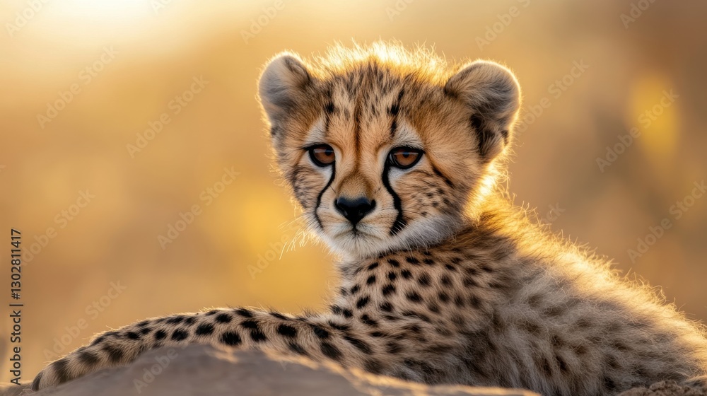 Playful Cheetah Cub Relaxing in Golden Sunlight at Dusk Playful Cheetah Cub Relaxing in Golden Sunlight at Dusk