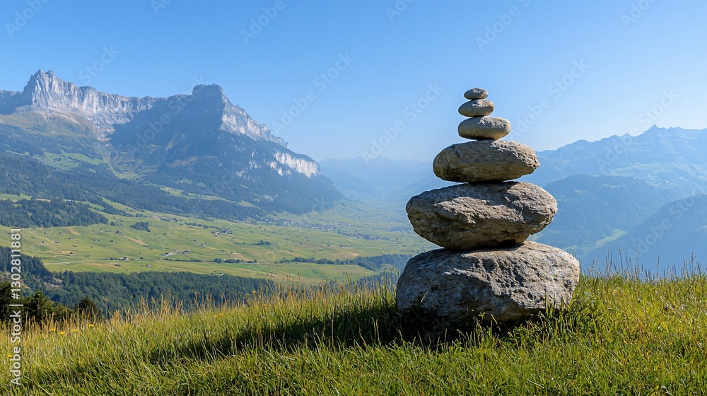 Balanced stones cairn on mountaintop with valley view. Balanced stones cairn on mountaintop with valley view.