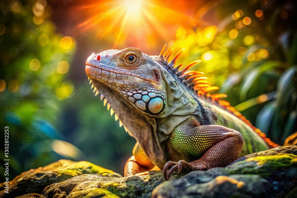 Fototapeta premium Vintage Photo: Happy Iguana on Rock, Wildlife Nature Scene