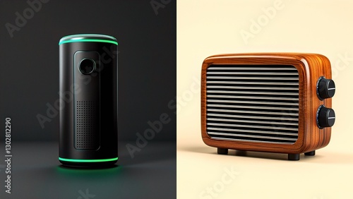 A modern black speaker with neon accents contrasts with a vintage wooden radio, showcasing technology's evolution. old vs new generation, sound evolution photo