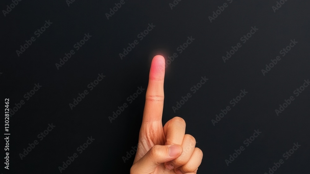 Dramatic close up image of a hand with the index finger glowing and reaching upwards against a dark minimalist background symbolizing ideas innovation ambition Dramatic close up image of a hand with the index finger glowing and reaching upwards against a dark minimalist background symbolizing ideas innovation ambition