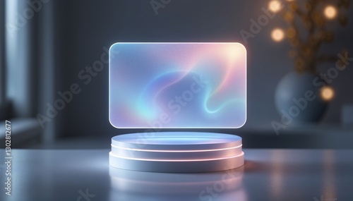 Floating Holographic Credit Card on a Futuristic Podium