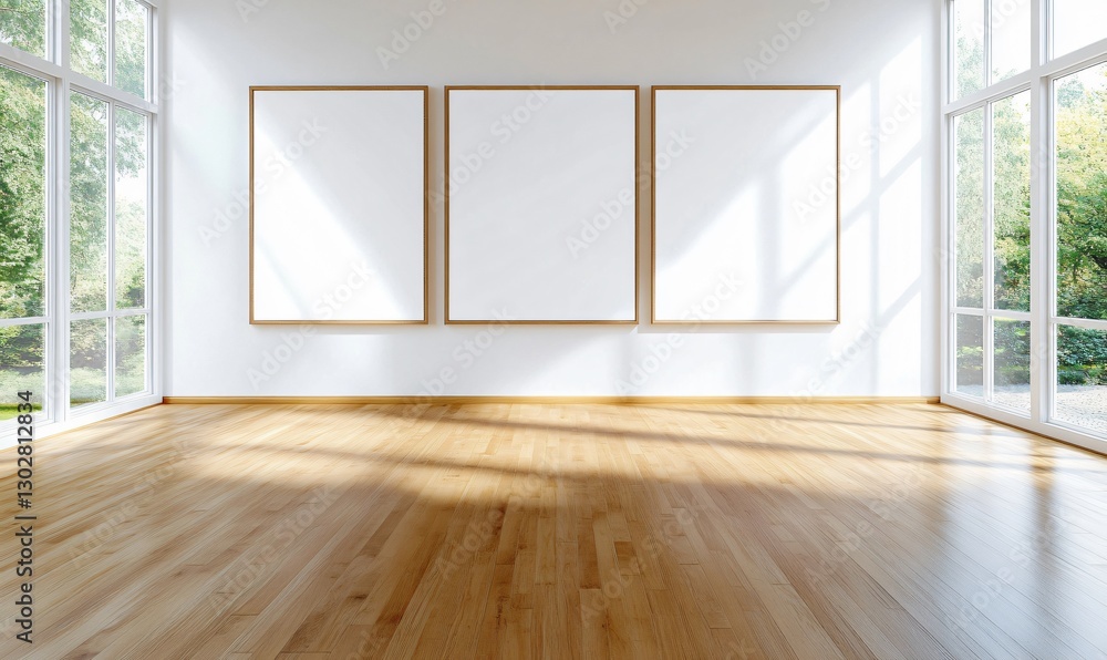 Fototapeta premium Empty room with three frames, natural light, garden view. Interior mockup