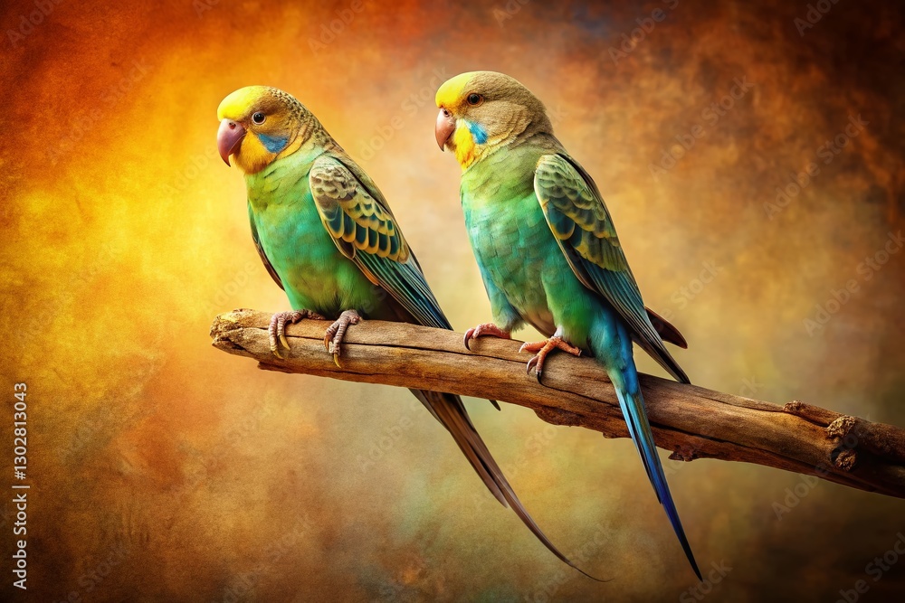 Obraz premium Vintage Photo: Two Parakeets on Branch, Isolated Background