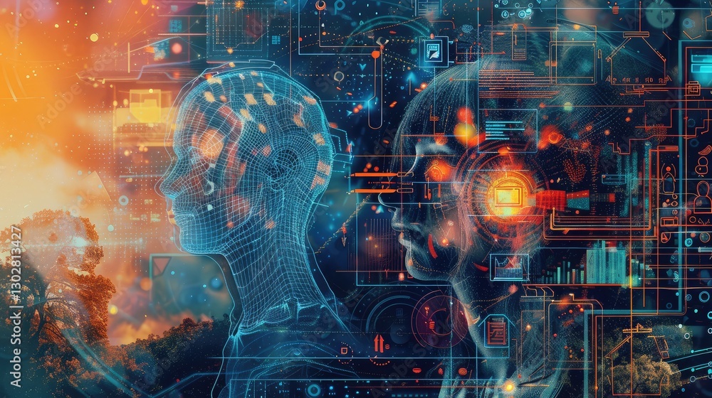 Futuristic AI Concept with Digital Human Profiles Futuristic AI Concept with Digital Human Profiles