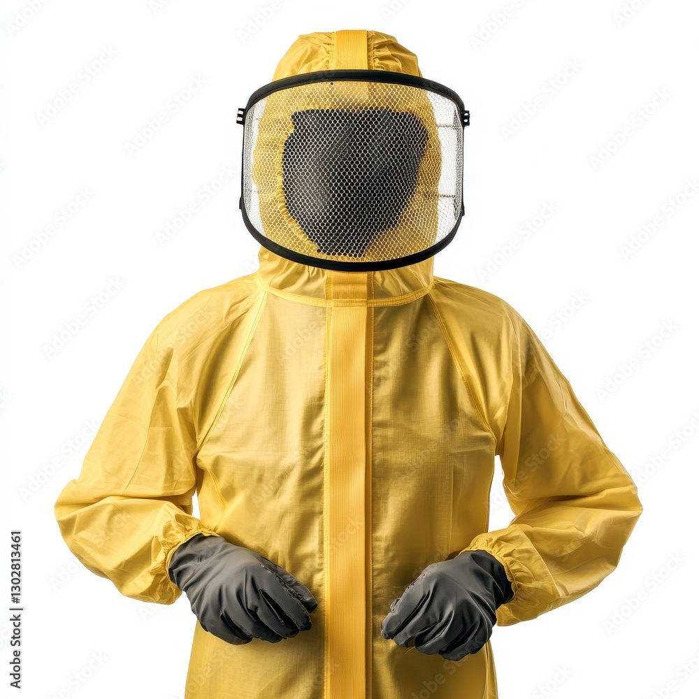 Person in a Protective Hazmat Suit with Gloves and Mesh Face Shield Against a White Background Person in a Protective Hazmat Suit with Gloves and Mesh Face Shield Against a White Background