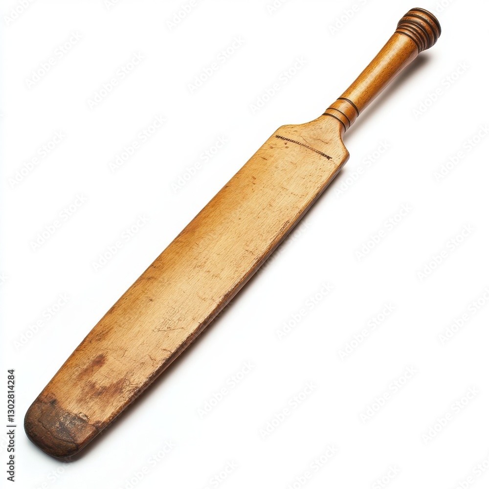 Rustic Wooden Cricket Bat Displayed on a Clean White Backdrop in a Minimalist Style