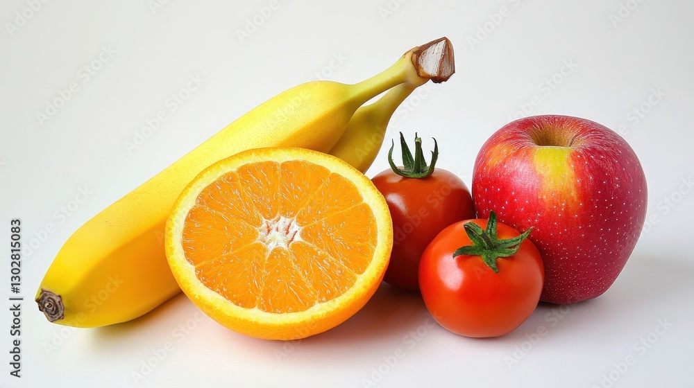 Colorful Medley of Fresh Fruits and Vegetables: Apples, Oranges, Tomatoes, and Bananas for Healthy Eating Colorful Medley of Fresh Fruits and Vegetables: Apples, Oranges, Tomatoes, and Bananas for Healthy Eating
