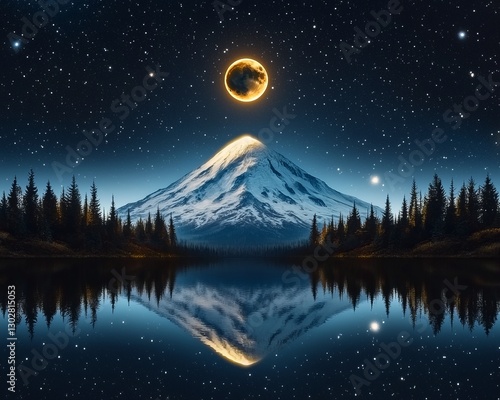 Lunar eclipse shadow cosmic moon. A serene mountain landscape under a starry sky, featuring a glowing eclipse above a reflective lake surrounded by lush evergreen trees.