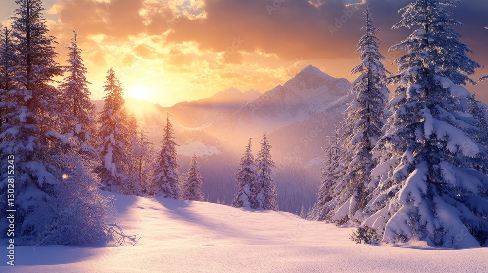 Winter Mountain Landscape with Snow Covered Trees and Golden Sunrise Winter Mountain Landscape with Snow Covered Trees and Golden Sunrise