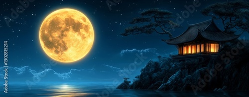 Lunar eclipse shadow cosmic moon. A serene landscape featuring a glowing moon above a tranquil water scene, with a traditional building nestled on a rocky shore.