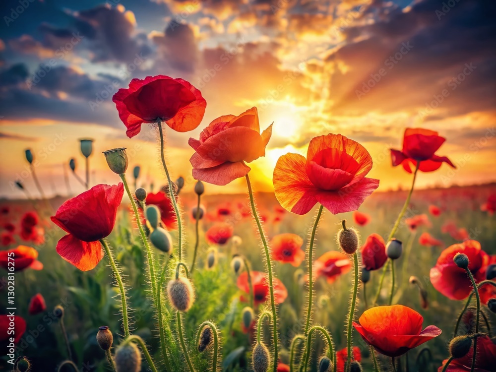 Obraz premium Vintage Sunset Poppy Field: Memorial Day, Armistice Day, Anzac Day Remembrance
