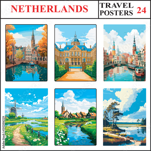 Netherlands Gouda Royal Palace Amsterdam Amsterdam Travel Poster Wall Art Print Collection Set 24