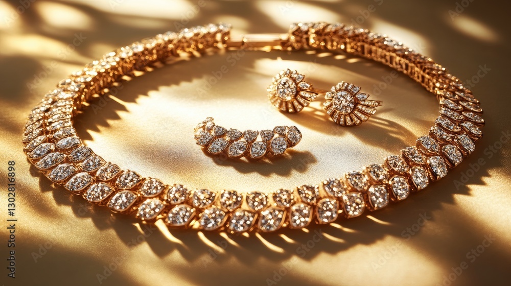 A high-end gold necklace with diamonds, accompanied by elegant earrings and a bracelet, softly illuminated under golden light. A high-end gold necklace with diamonds, accompanied by elegant earrings and a bracelet, softly illuminated under golden light.