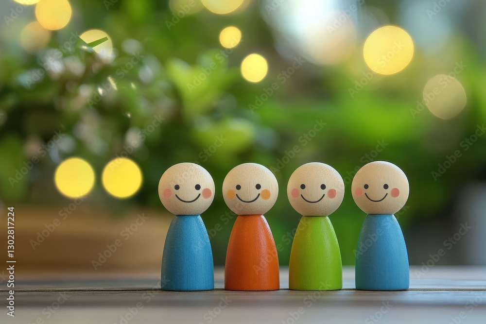 Cheerful Wooden Peg Dolls Representing Social Personalities. Extroverted Individuals Thriving in Interaction and Enjoyment Cheerful Wooden Peg Dolls Representing Social Personalities. Extroverted Individuals Thriving in Interaction and Enjoyment