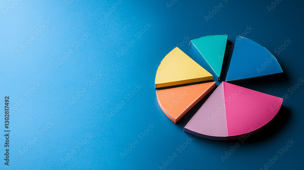 Obraz premium A colorful pie chart on a blue background, showcasing various segments in vibrant hues for visual data representation.