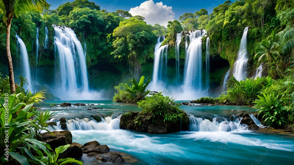 Obraz premium Tropical Paradise Waterfalls Surrounded by Lush Greenery
