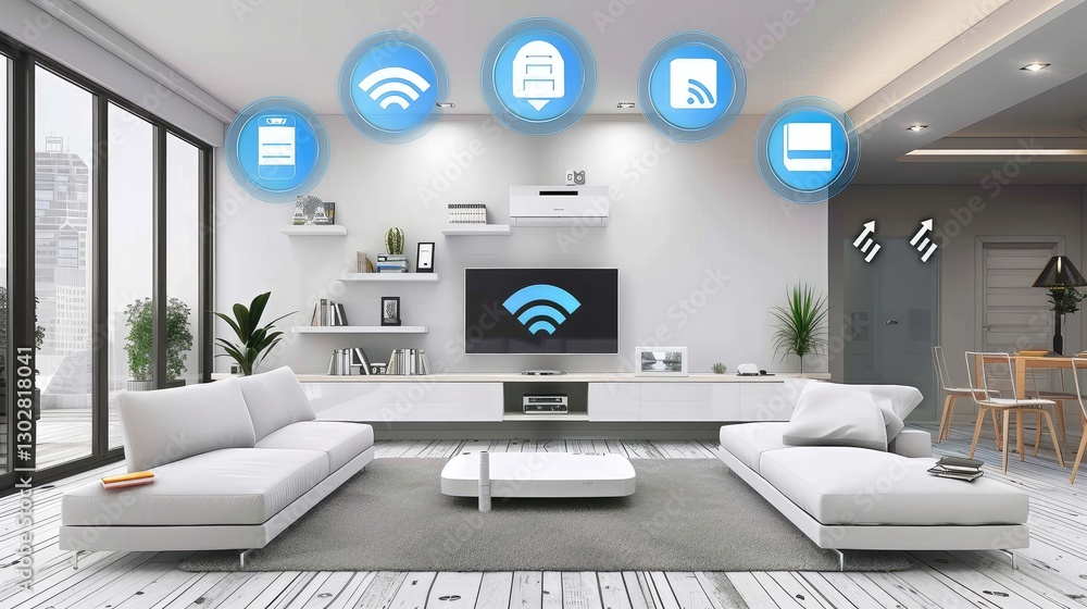Modern Living Room with Smart Home Technology Integration Modern Living Room with Smart Home Technology Integration