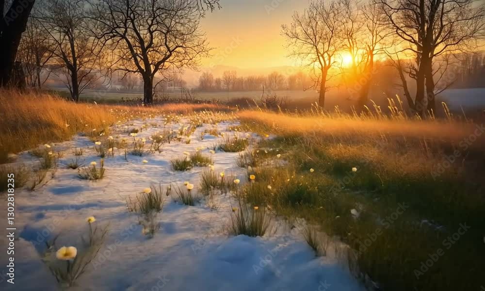 Serene Sunrise Landscape with Snow, Grass, and Trees Serene Sunrise Landscape with Snow, Grass, and Trees