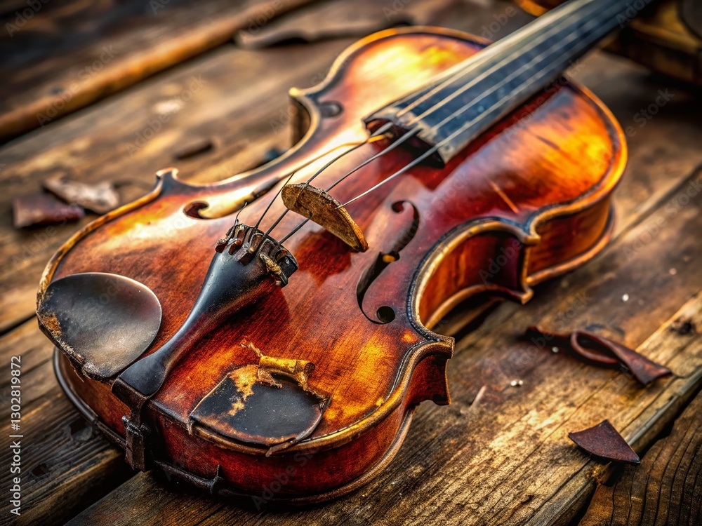 Fototapeta premium Weathered Antique Broken Violin Closeup: Detailed Texture and Cracks