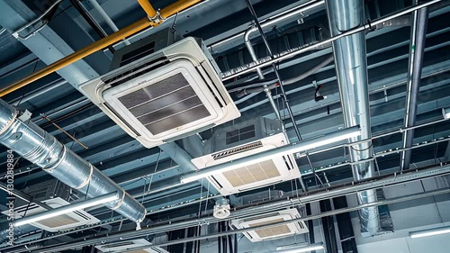 A view of a modern air conditioning system with visible ducts and cooling units mounted on the ceiling of a commercial space.
