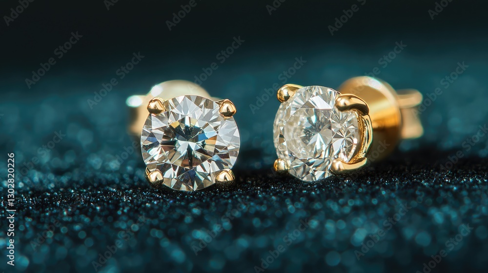 A minimalistic pair of gold earrings with solitaire diamonds placed neatly on a dark velvet background. A minimalistic pair of gold earrings with solitaire diamonds placed neatly on a dark velvet background.