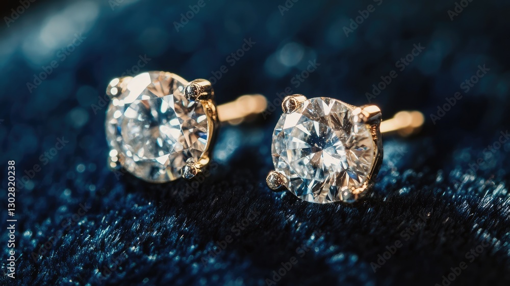 A minimalistic pair of gold earrings with solitaire diamonds placed neatly on a dark velvet background. A minimalistic pair of gold earrings with solitaire diamonds placed neatly on a dark velvet background.