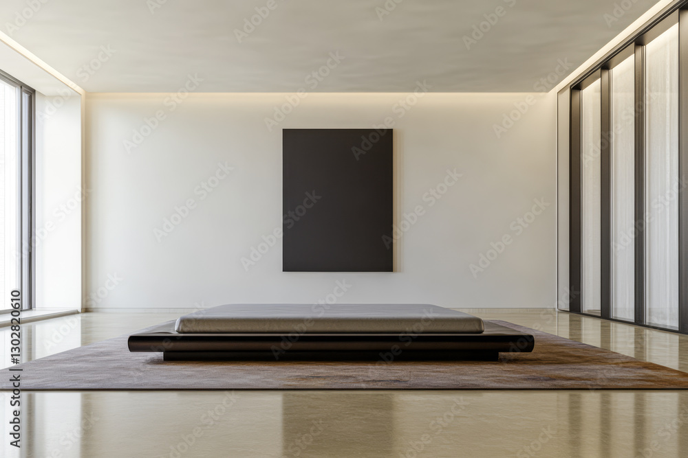 Fototapeta premium Modern minimalist room with a black artwork and a simple bed in a bright space