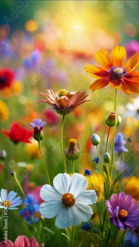 Beautiful summer wildflowers. Landscape wide format, copy space, cool blue tones. Delightful pastoral airy artistic image