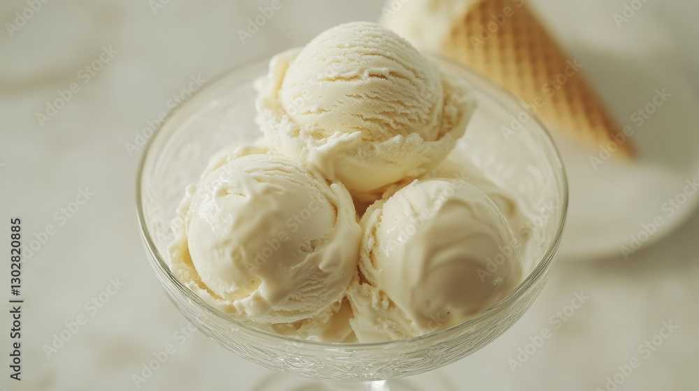 A glass dessert bowl filled with three scoops of ice cream: one dark chocolate, one vanilla, and one raspberry. A glass dessert bowl filled with three scoops of ice cream: one dark chocolate, one vanilla, and one raspberry.