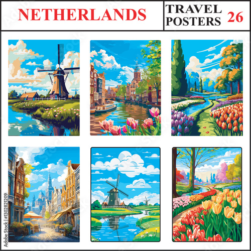 Netherlands kinderdijk Amsterdam Keukenhof Gardens Travel Poster Wall Art Print Collection Set 26