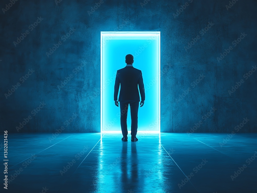 Obraz premium Businessman silhouette in front of blue glowing light door, empty room, entering unknown career choice, future opportunities, dream of success