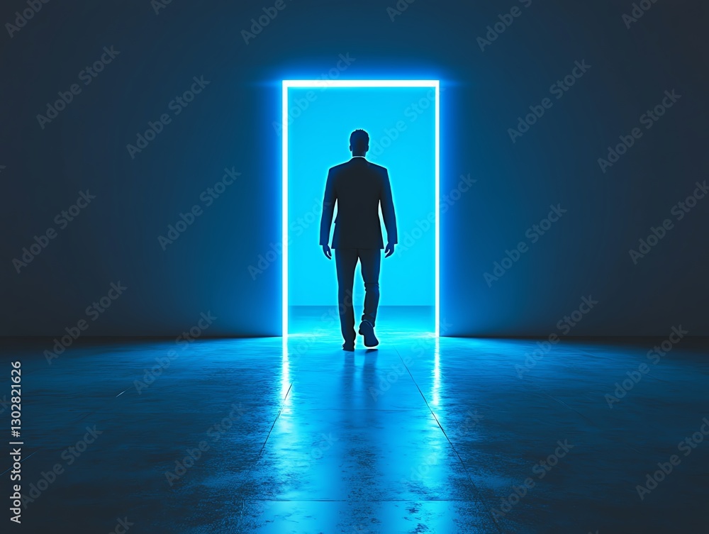 Obraz premium Businessman silhouette in front of blue glowing light door, empty room, entering unknown career choice, future opportunities, dream of success