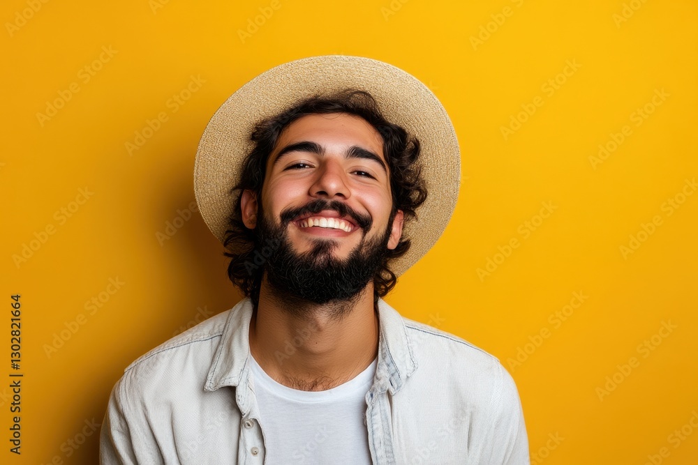 Charming Young Hispanic Bohemian Male in Hippie Fashion. Joyful Portrait with Vibrant Background and Boho Hat Charming Young Hispanic Bohemian Male in Hippie Fashion. Joyful Portrait with Vibrant Background and Boho Hat