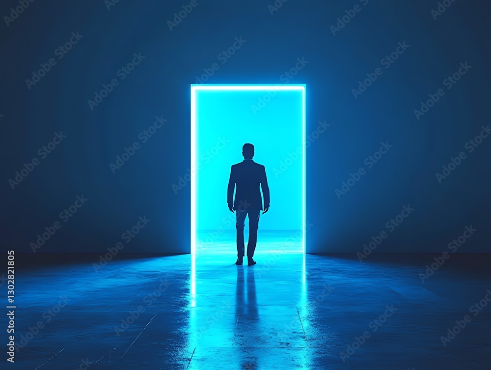Obraz premium Businessman silhouette in front of blue glowing light door, empty room, entering unknown career choice, future opportunities, dream of success