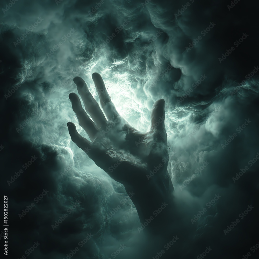 Hand emerging from dark abyss, stretching towards ethereal heavenly light in the sky, hope, rescue, support for life s challenges Hand emerging from dark abyss, stretching towards ethereal heavenly light in the sky, hope, rescue, support for life s challenges
