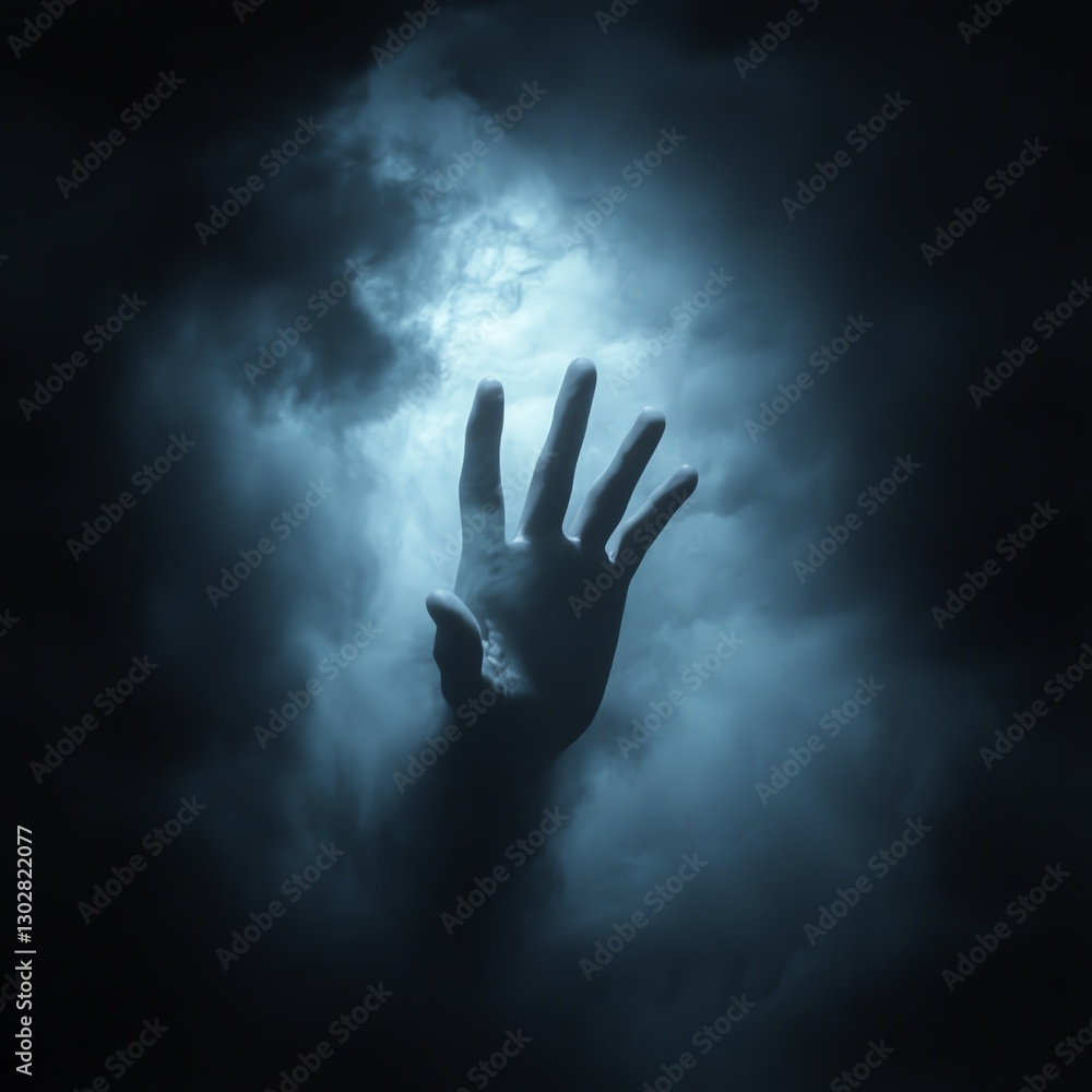 Hand emerging from dark abyss, stretching towards ethereal heavenly light in the sky, hope, rescue, support for life s challenges Hand emerging from dark abyss, stretching towards ethereal heavenly light in the sky, hope, rescue, support for life s challenges